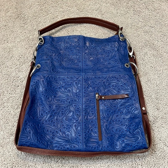 Real Leather Made in Italy Blue Embossed Soft Leather Convertible Adjustable Bag - Picture 3 of 14